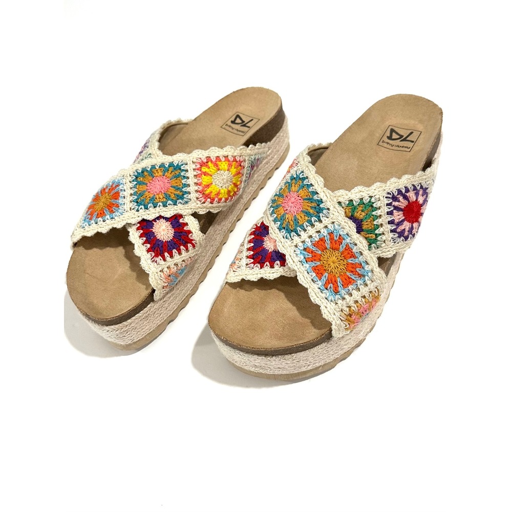 Dirty Laundry Boho Festival Crochet Granny Square Platform Sandal Slides NWOT